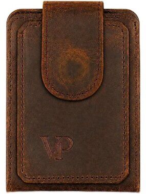 Stylish Brown Full Grain Leather Magnetic Money Clip Wallet for Men - Slim
